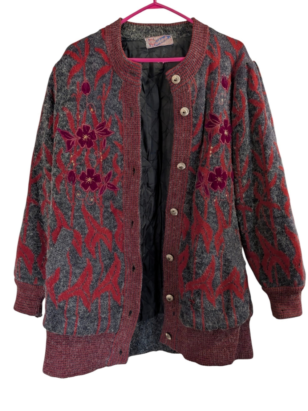 Vintage 80s Lined Knit Cardigan Jacket With Floral Appliqué